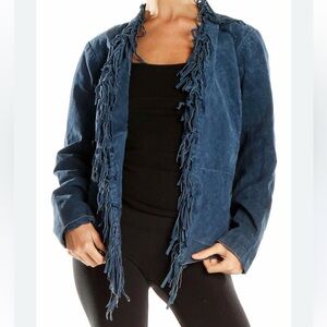 DIALOGUE GREEN FRINGED SUEDE LEATHER WASHABLE JACKET HOOK & EYE CLOSURE SZ MED